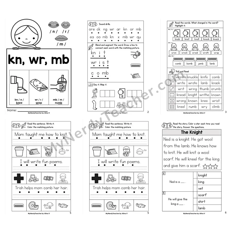 Silent Letters kn, wr, mb Worksheet Pack