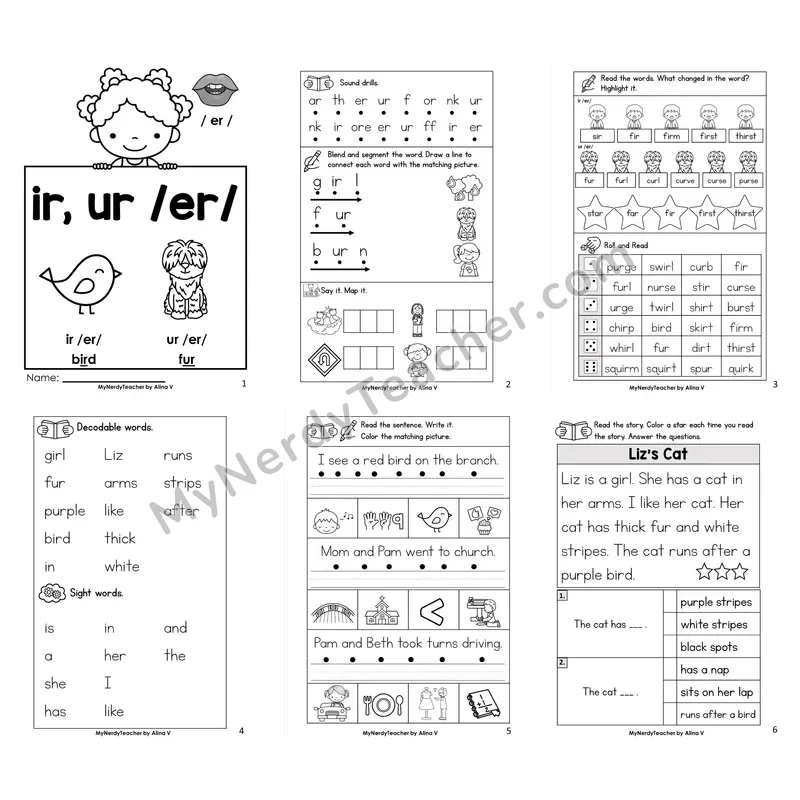 R-Controlled Vowels ir, ur Worksheet Pack