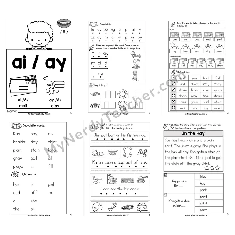 Long Vowel Team ai, ay Worksheet Pack