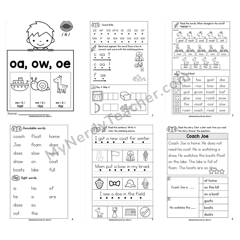 Long Vowel Team oa, ow, oe Worksheet Pack