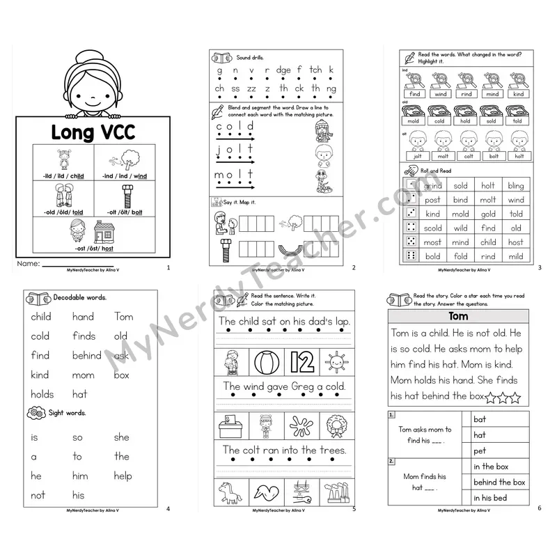 Long VCC (-ild, -old, -ind, -olt, -ost) Worksheet Pack
