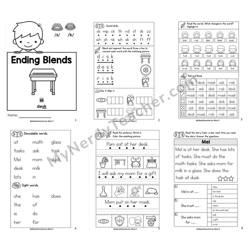 Ending Blend -sk Worksheet Pack