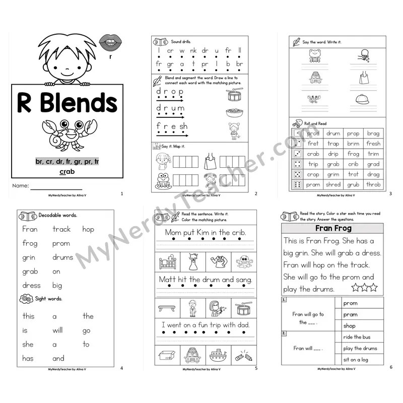 R Blends Worksheet Pack
