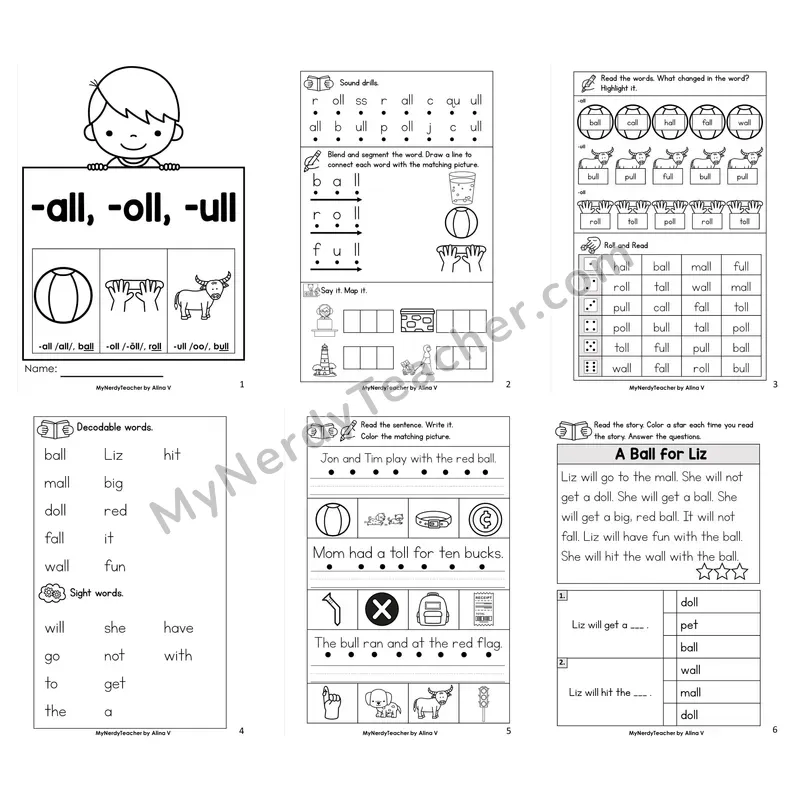 Glued Sounds -all, -oll, -ull Worksheet Pack