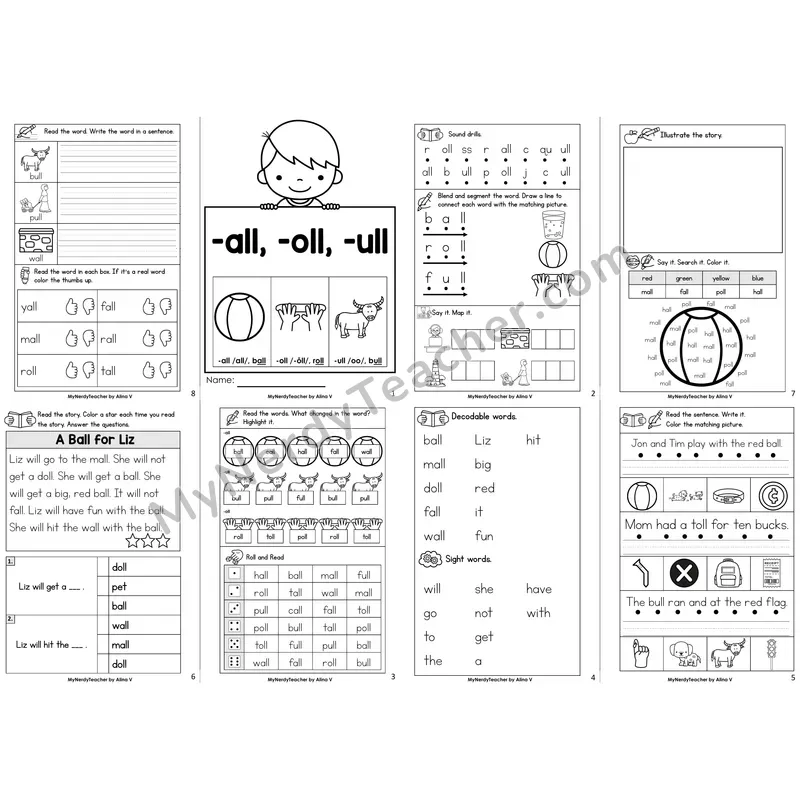 Glued Sounds -all, -oll, -ull Decodable Booklet