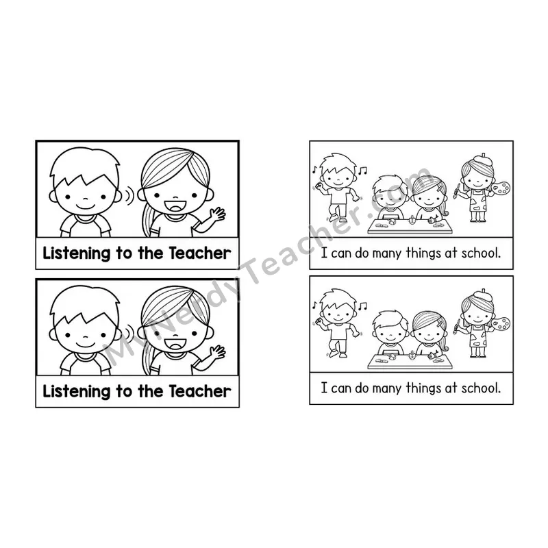 Listening to the Teacher Social Story Booklet — Black and White