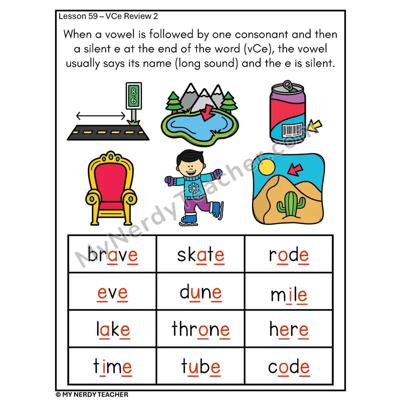 VCe Silent E Phonics Poster — Mixed Vowel Review with Pictures