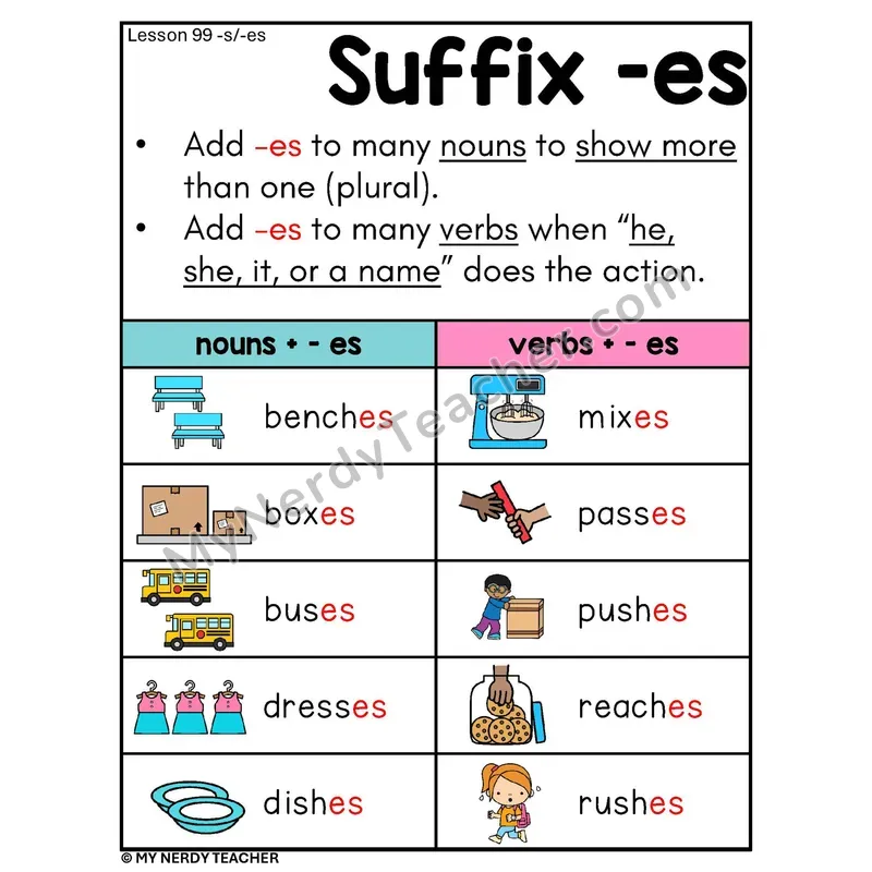 Suffix -es Phonics Poster — Adding -es to Nouns and Verbs