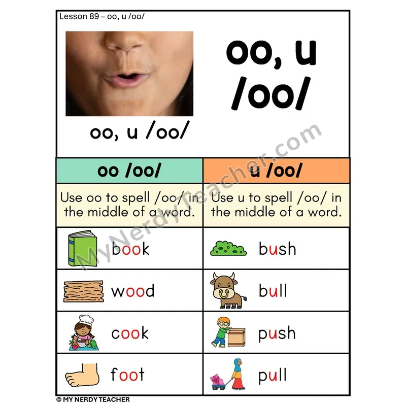 OO U Short Vowel Team Phonics Poster — oo /oo/ and u /oo/ Spelling Rule