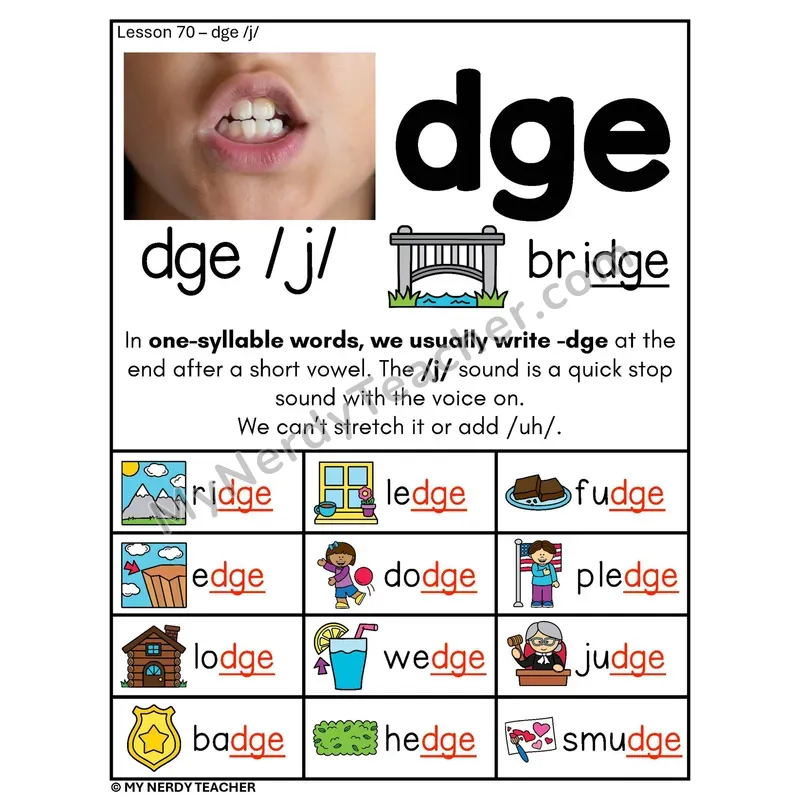 DGE Spelling Rule Phonics Poster — dge /j/ with Pictures