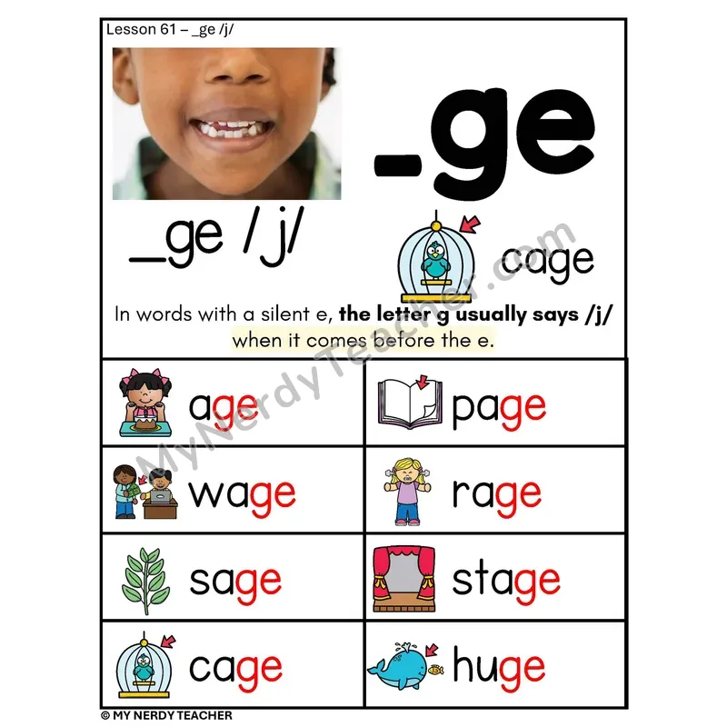 Soft G Spelling Rule Phonics Poster — _ge /j/ with Pictures