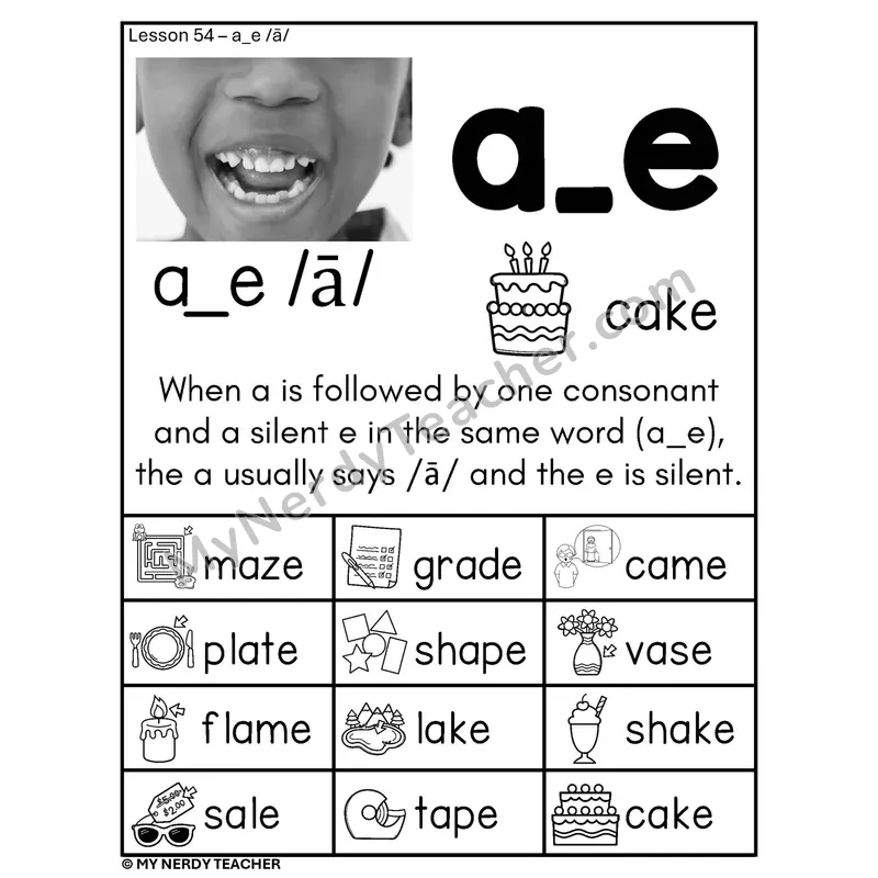Long A Silent E Phonics Poster BW — a_e /ā/ Sound