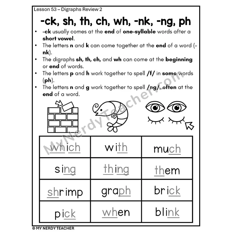 Digraphs Review Phonics Poster BW — Mixed Digraph Practice with Pictures