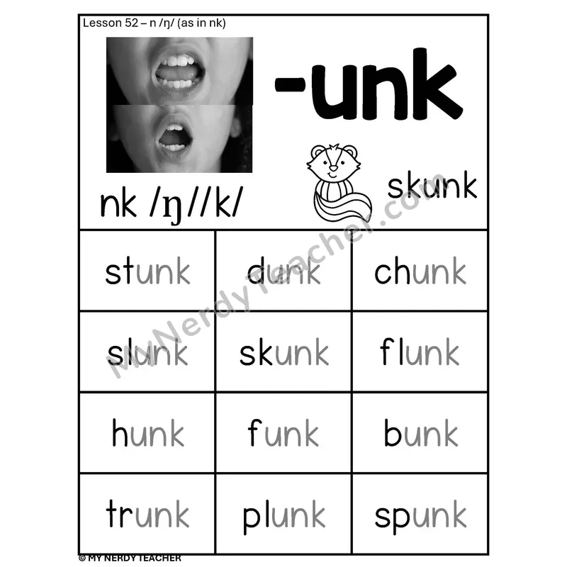 NK Spelling Pattern Phonics Poster BW — -unk Word Family