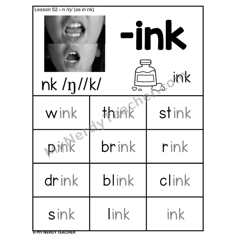 NK Spelling Pattern Phonics Poster BW — -ink Word Family