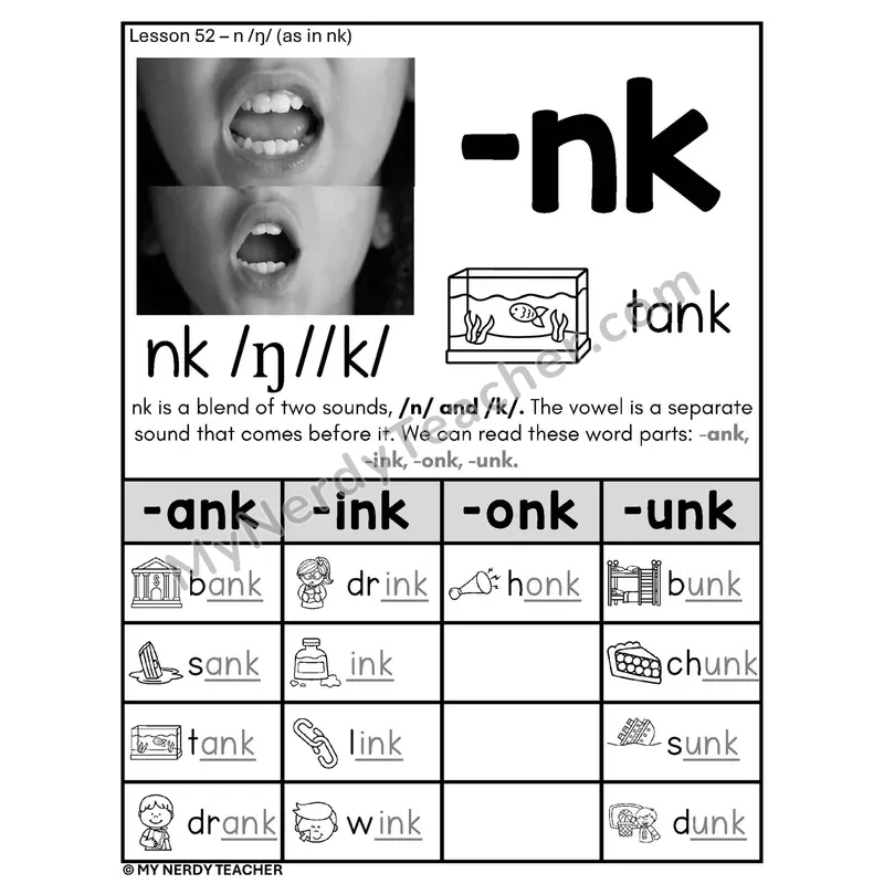 NK Word Families Phonics Poster BW — -ank, -ink, -onk, -unk with Pictures