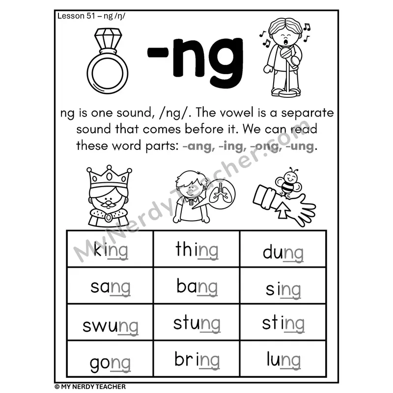 NG Digraph Phonics Poster BW — -ng Spelling Rule with Pictures