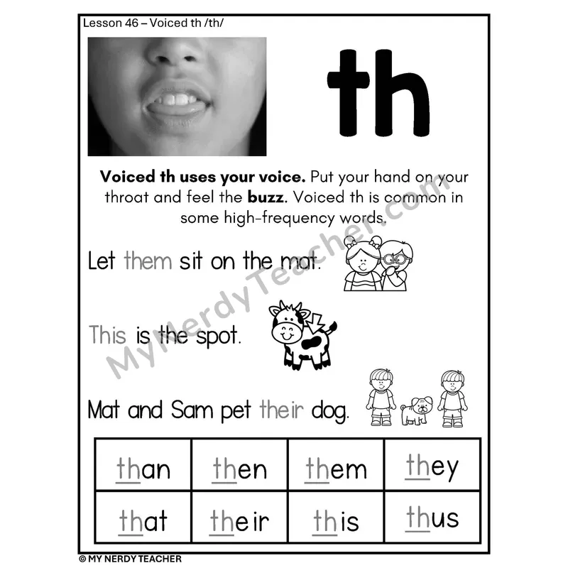 Voiced TH Digraph Phonics Poster BW — th /th/ Spelling Rule with Sentences