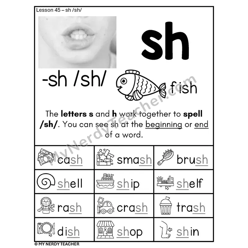 SH Digraph Phonics Poster BW — sh /sh/ Spelling Rule with Pictures