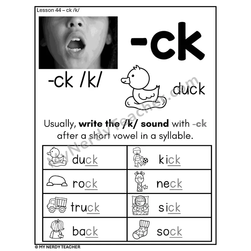 CK Digraph Phonics Poster BW — -ck /k/ Spelling Rule with Pictures