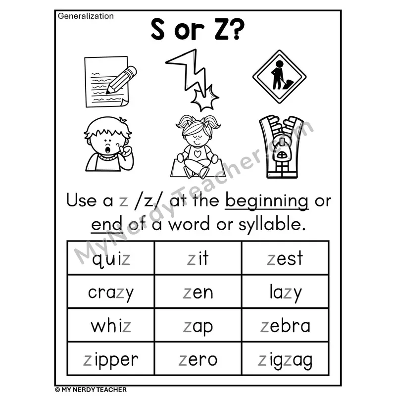 S or Z Spelling Rule Phonics Poster BW — When to Use s vs z