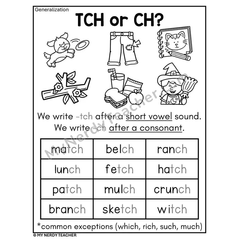 TCH or CH Spelling Rule Phonics Poster BW — When to Use tch vs ch
