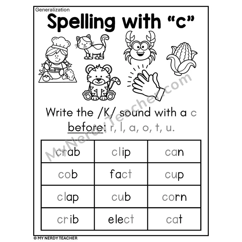 Spelling With C Phonics Poster BW — When to Write /k/ with c