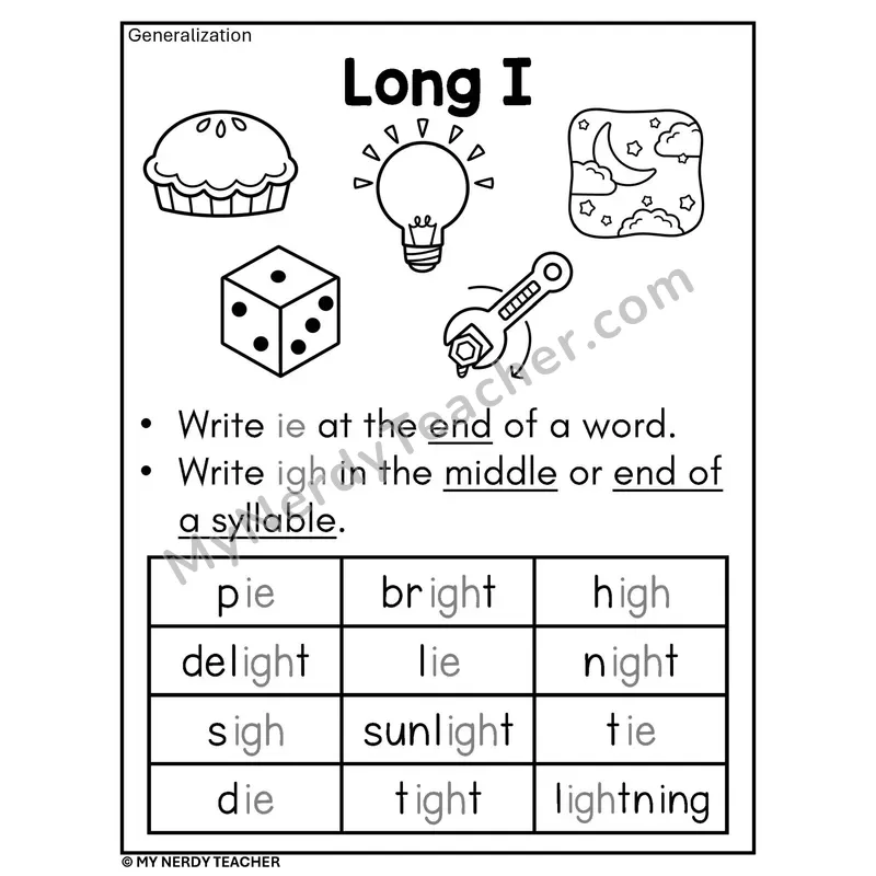 Long I Vowel Teams Spelling Rule Phonics Poster BW — ie and igh