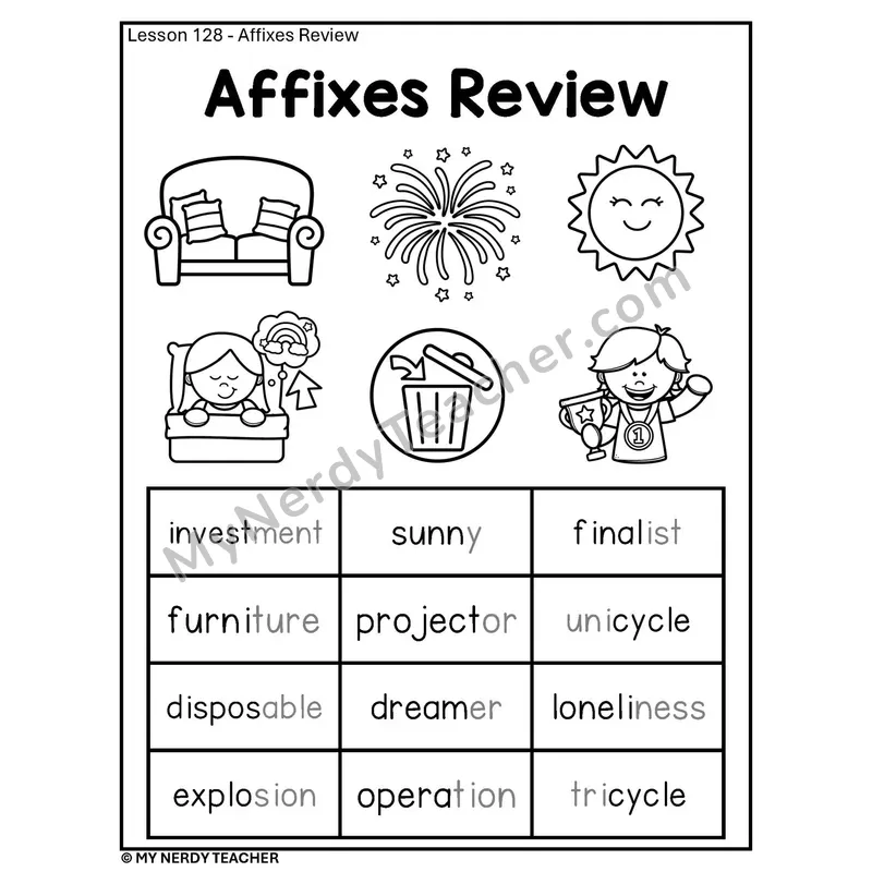 Affixes Review Phonics Poster BW — Mixed Prefix and Suffix Practice