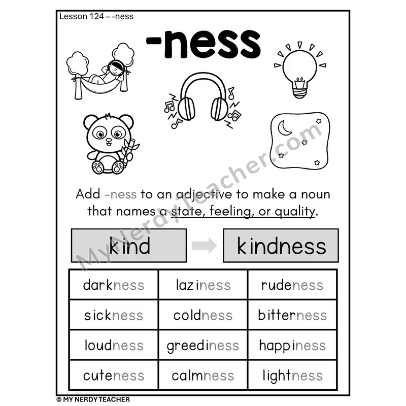 Suffix -ness Phonics Poster BW — Spelling Rule with Examples