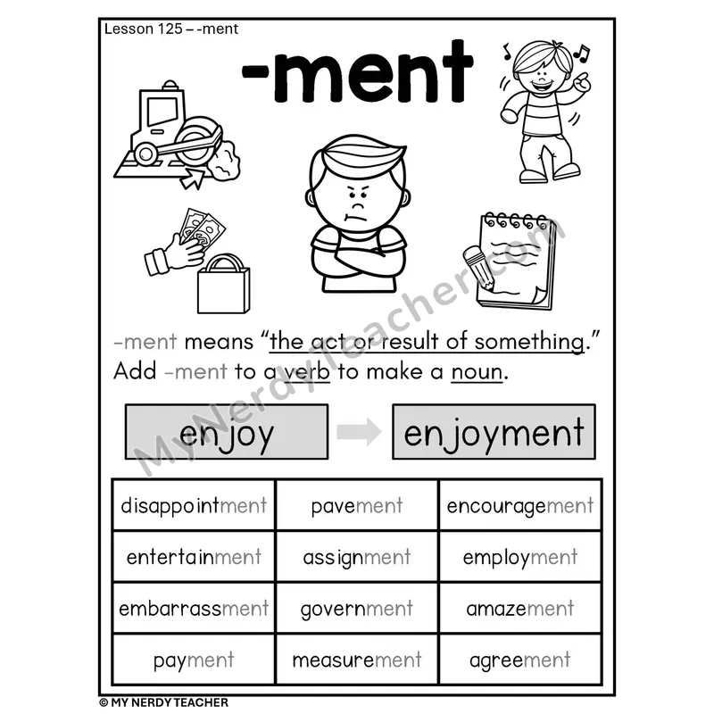 Suffix -ment Phonics Poster BW — Spelling Rule with Examples