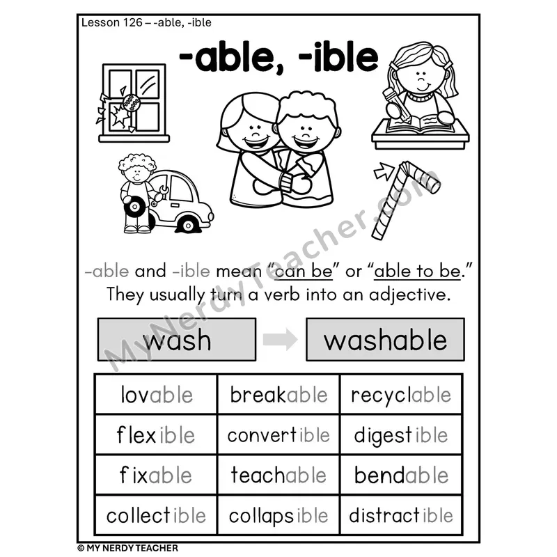Suffixes -able and -ible Phonics Poster BW — Spelling Rule with Examples
