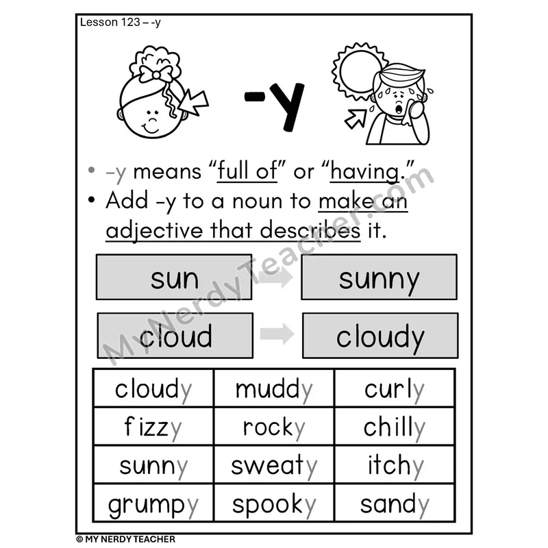 Suffix -y Phonics Poster BW — Adding -y to Make Adjectives