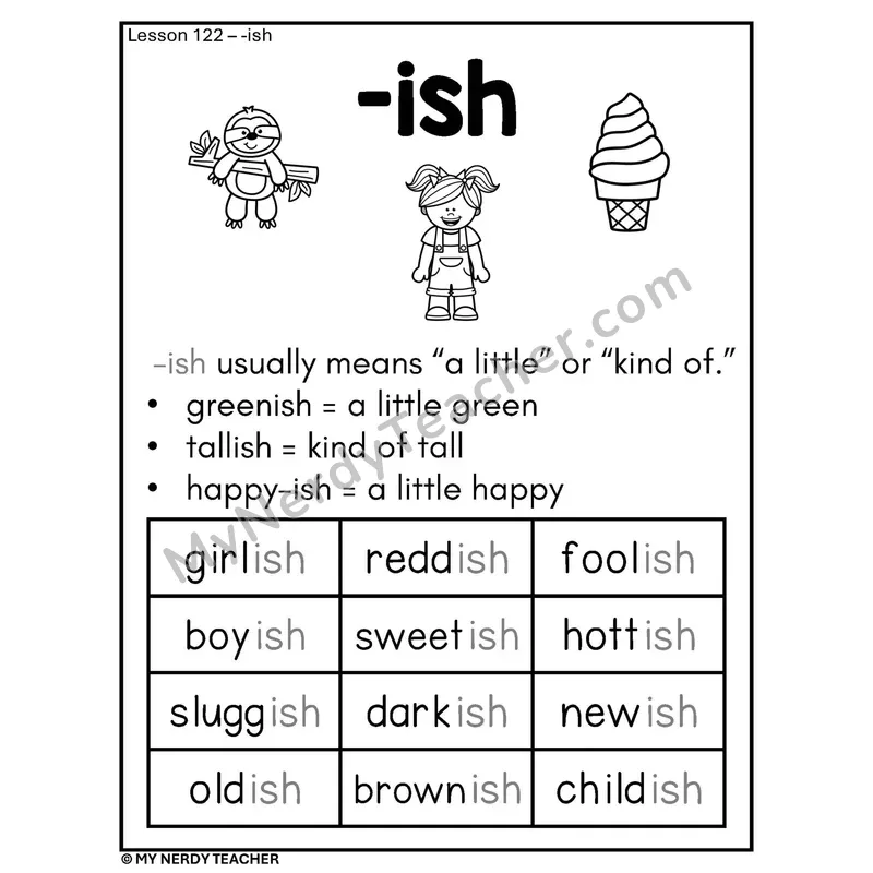 Suffix -ish Phonics Poster BW — Spelling Rule with Examples