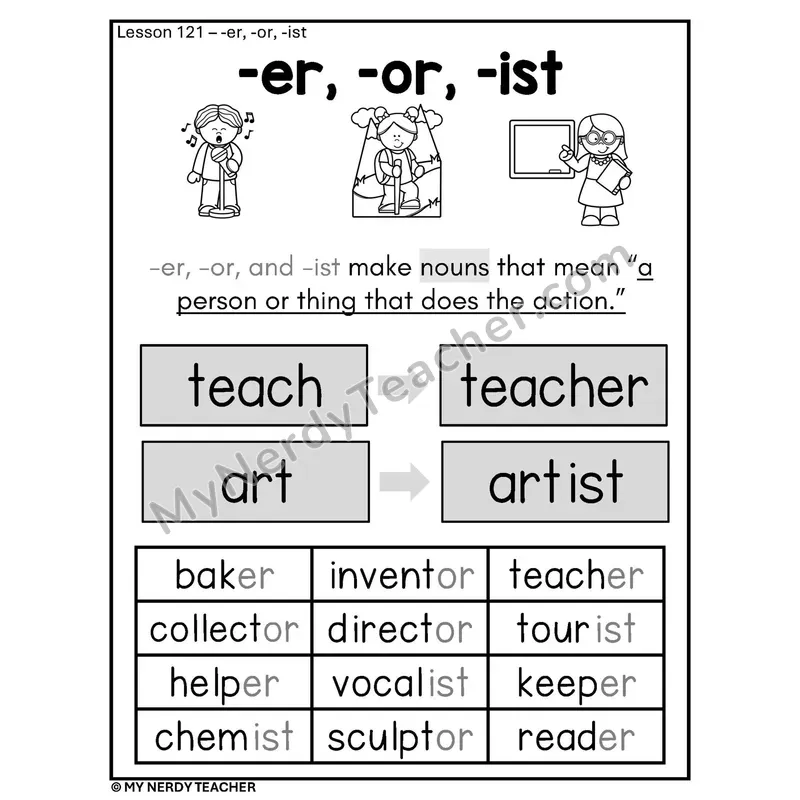 Suffixes -er -or -ist Phonics Poster BW — Agent Nouns with Pictures