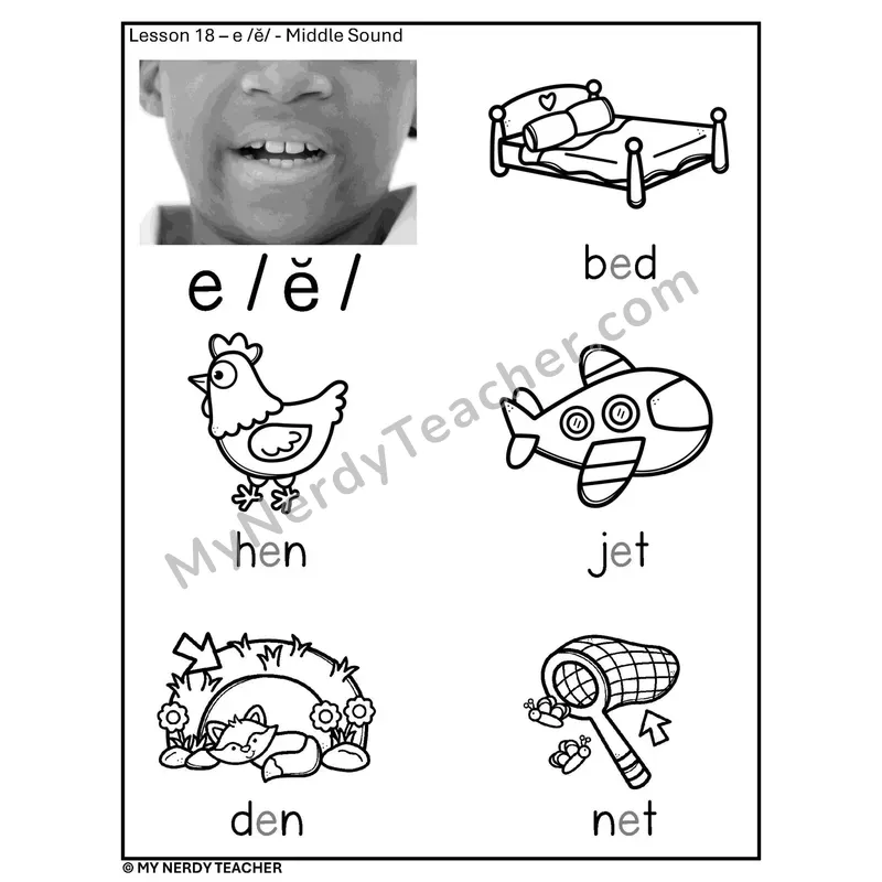 Short E Middle Sound Phonics Poster BW — Letter e /ĕ/ with Pictures
