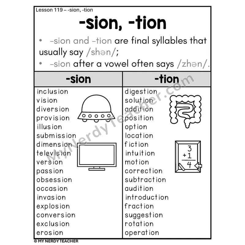 Suffixes -sion and -tion Phonics Poster BW — /shən/ and /zhən/ Word Lists