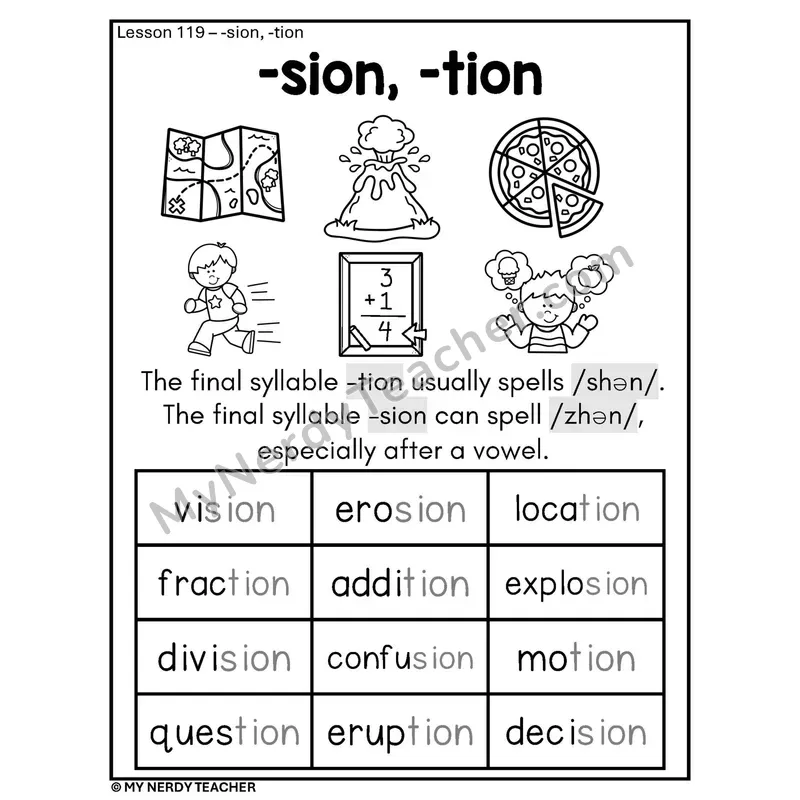 Suffixes -sion and -tion Phonics Poster BW — /shən/ with Pictures