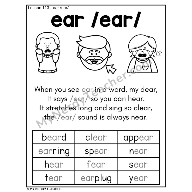 EAR Vowel Team Phonics Poster BW — ear /ear/ Poem with Words