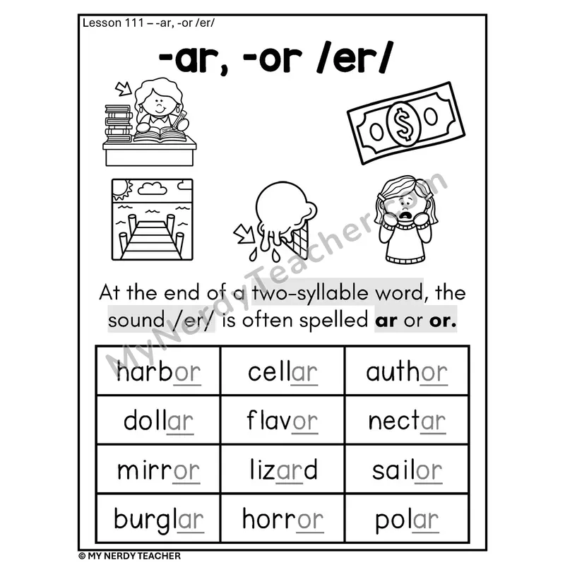 Schwa R Spelling Phonics Poster BW — -ar and -or Say /er/ in Two-Syllable Words