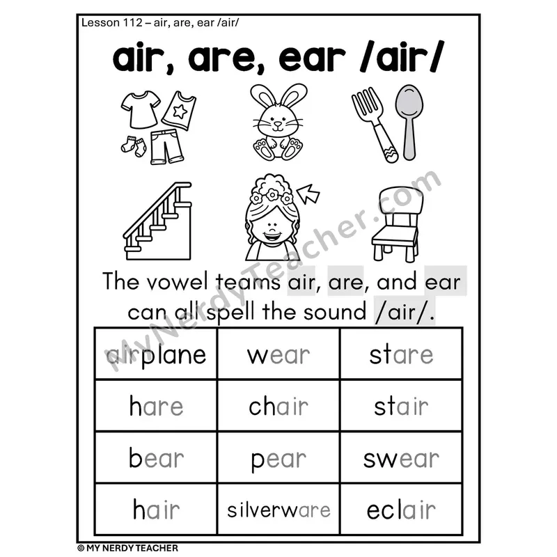 AIR ARE EAR Vowel Teams Phonics Poster BW — /air/ Sound Spellings
