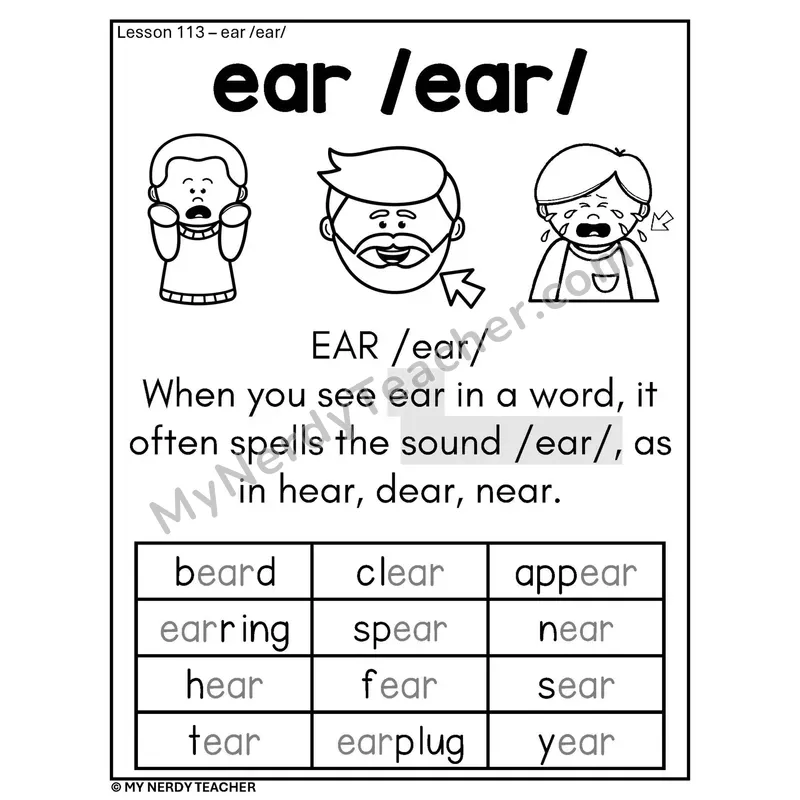 EAR Vowel Team Phonics Poster BW — ear /ear/ Spelling Rule