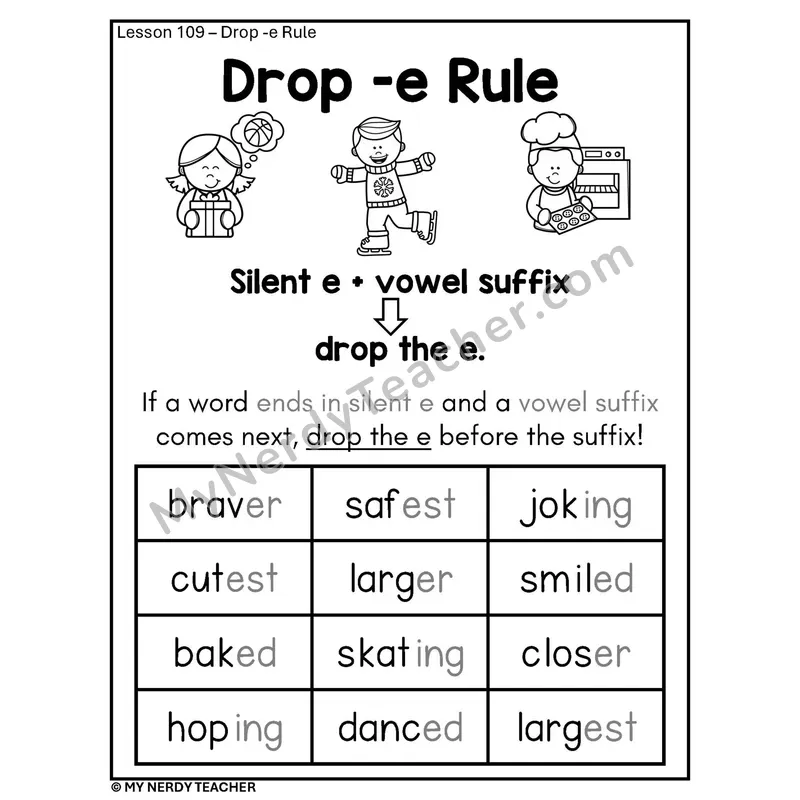 Drop the E Spelling Rule Phonics Poster BW — Silent e + Vowel Suffix