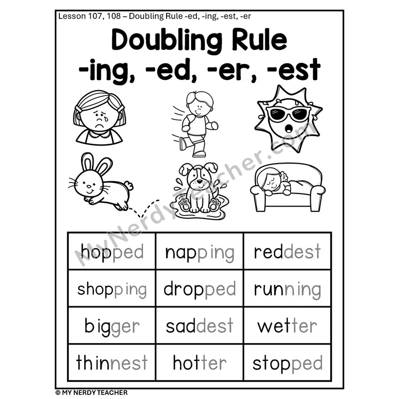 Doubling Rule Phonics Poster BW — Double the Consonant Before -ing -ed -er -est