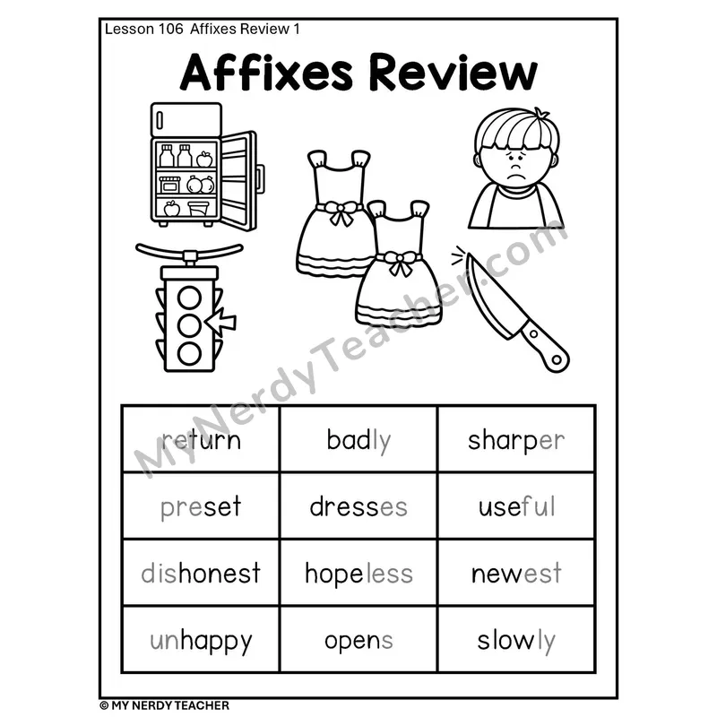 Affixes Review 1 Phonics Poster BW — Mixed Prefix and Suffix Words with Pictures