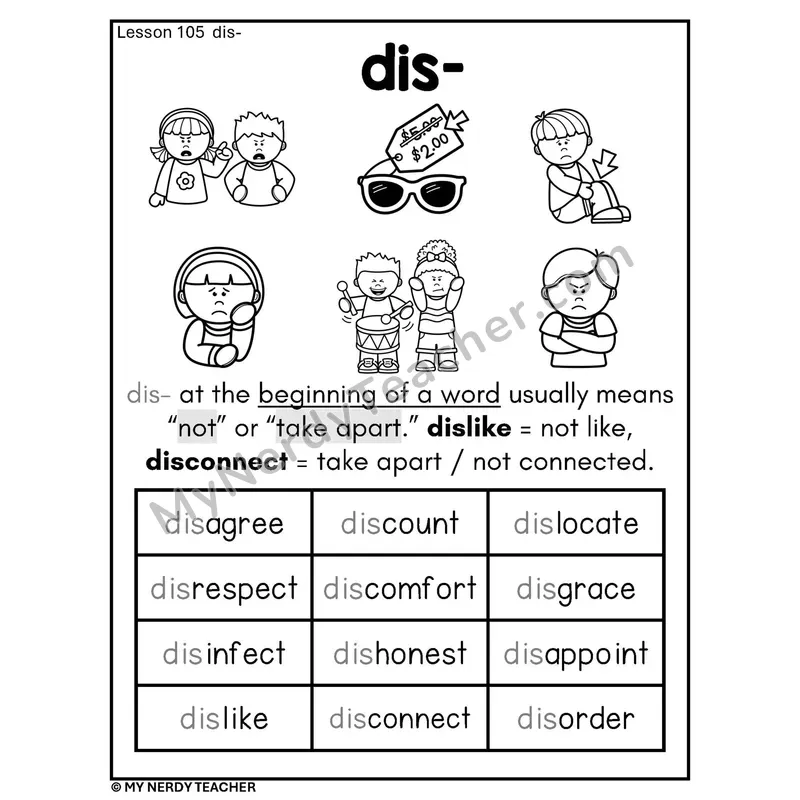 Prefix dis- Phonics Poster BW — Meaning 'Not' or 'Take Apart'