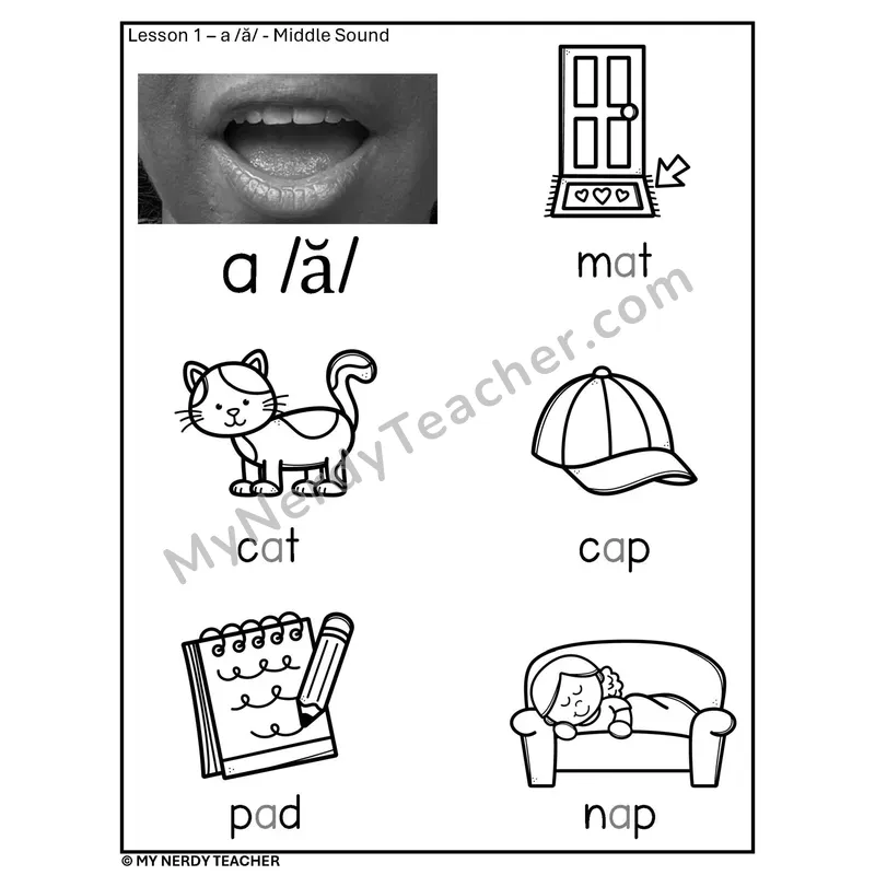 Short A Middle Sound Phonics Poster BW — Letter a /ă/ with Pictures
