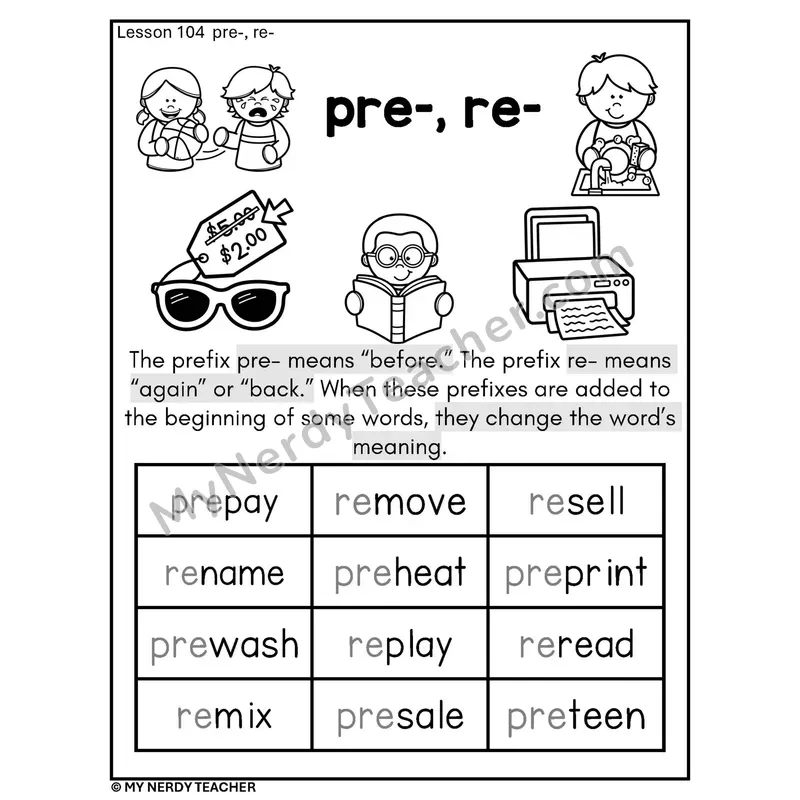 Prefixes pre- and re- Phonics Poster BW — Before and Again with Pictures