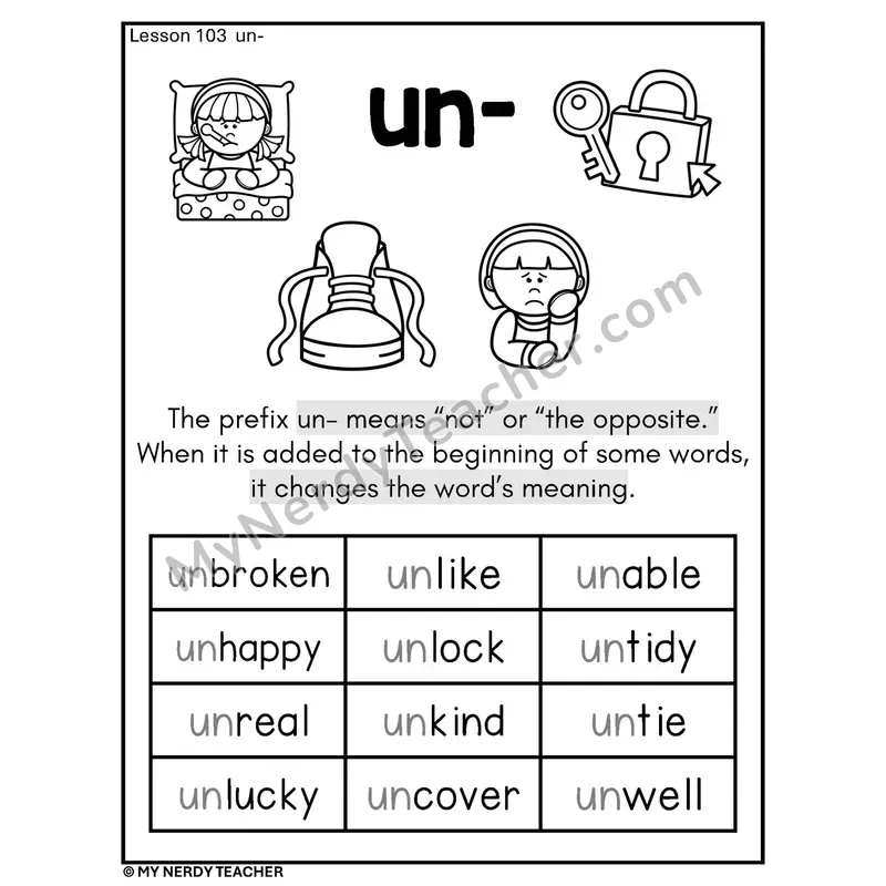 Prefix un- Phonics Poster BW — Meaning 'Not' or 'The Opposite'