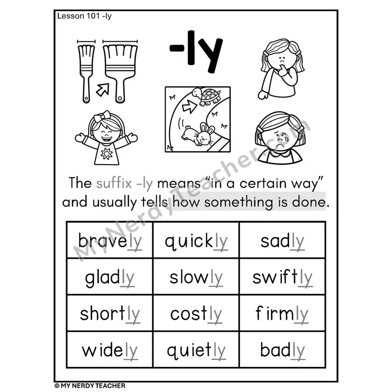 Suffix -ly Phonics Poster BW — Adverb Ending Meaning 'In a Certain Way'